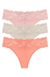 Skarlett Blue 3-pack Goddess Lace Thongs In Coral/ Dove/ Pink