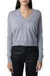 Zadig & Voltaire Happy Army Strass V-neck Wool Sweater In Gris Chine