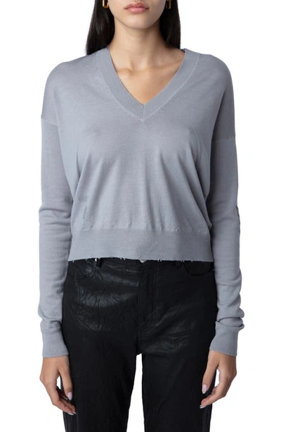 Zadig & Voltaire Happy Army Strass V-neck Wool Sweater In Gris Chine