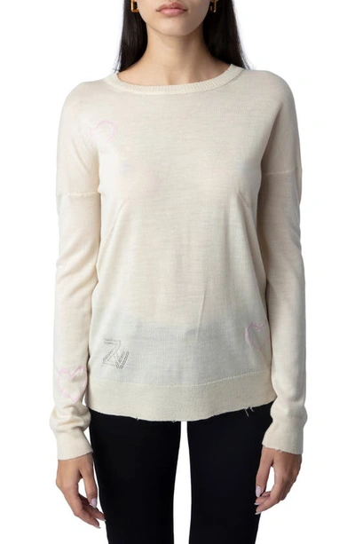 Zadig & Voltaire Gaby Intarsia Heart Wool Crewneck Sweater In Ecru/ Blossom
