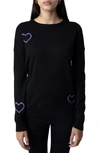 Zadig & Voltaire Gaby Intarsia Heart Wool Crewneck Sweater In Noir/ Lavende