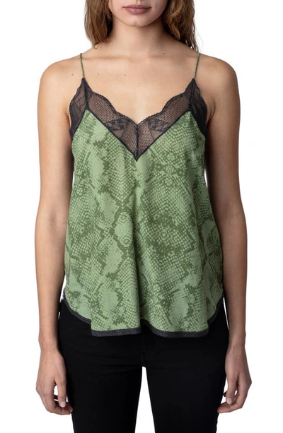 Zadig & Voltaire Christy Python Print Lace Edge Camisole In Kaki