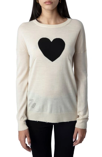 Zadig & Voltaire Gaby Intarsia Heart Wool Crewneck Sweater In Ecru