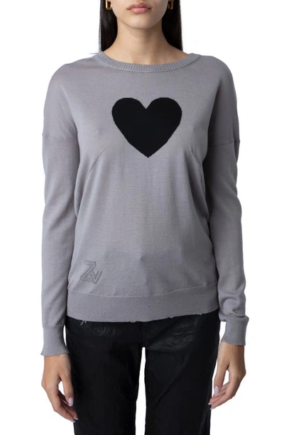 Zadig & Voltaire Gaby Intarsia Heart Wool Crewneck Sweater In Gris Chine