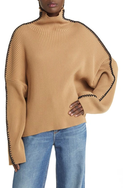 Rag & Bone Ally Whipstitch Detail Mock Neck Sweater In Khaki