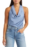 Open Edit Cowl Neck Satin Tank In Blue Chambray