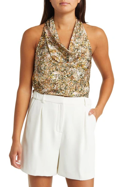 Open Edit Cowl Neck Satin Tank In Green Olive Confetti Print