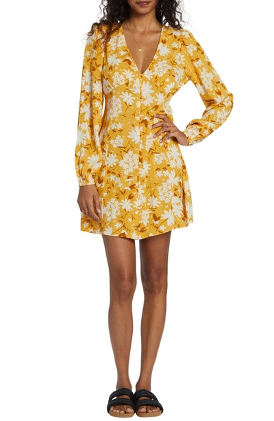 Billabong Night Out Floral Long Sleeve Button-up Dress In Hazelnut