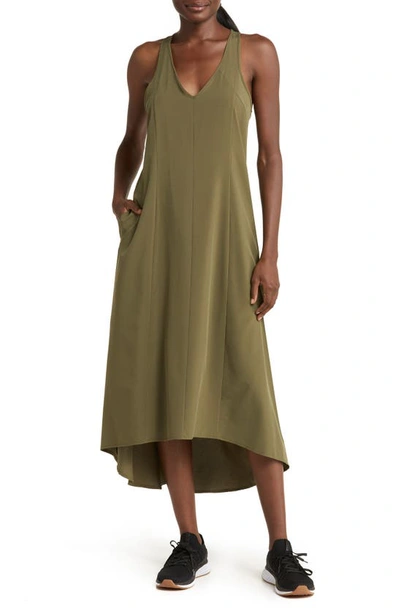 Zella Getaway Relaxed High-low Maxi Dress In Olive Night