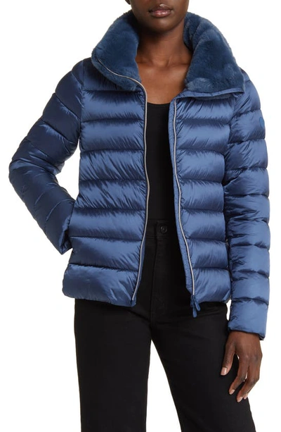 Save The Duck Mei Faux Fur Collar Puffer Jacket In Navy Blue