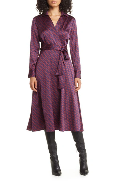 Tahari Asl Geo Print Long Sleeve Hammered Satin Midi Shirtdress In Navy/ Black Cherry