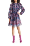 Julia Jordan Metallic Paisley Ruffle Long Sleeve Dress In Navy Multi