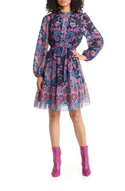 Julia Jordan Metallic Paisley Ruffle Long Sleeve Dress In Navy Multi