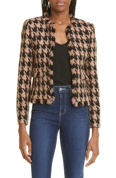 L Agence Angelina Houndstooth Open Front Blazer In Cappuccino Black