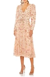 MAC DUGGAL SEQUIN FLORAL LONG SLEEVE COCKTAIL MIDI DRESS