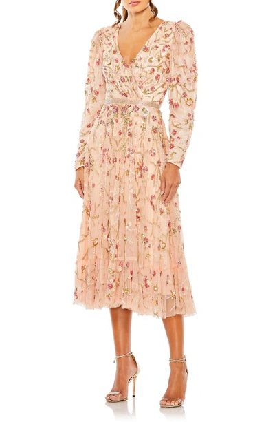 Mac Duggal Sequin Floral Long Sleeve Cocktail Midi Dress In Blush Multi