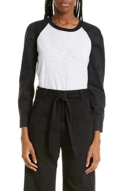 Veronica Beard Mosley Mixed Media Cotton Top In White Black Combo Sleeves