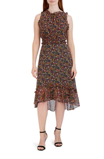 Julia Jordan Floral Ruffle Trim Sleeveless Midi Dress In Navy Multi
