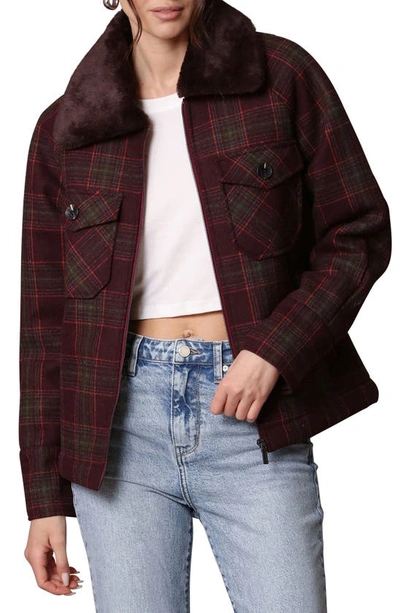 Avec Les Filles Plaid Zip Trucker Jacket With Faux Fur Trim In Maroon Plaid