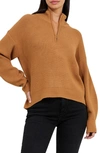 French Connection Babysoft Blouson Sleeve Half Zip Sweater In Tobacco Brown