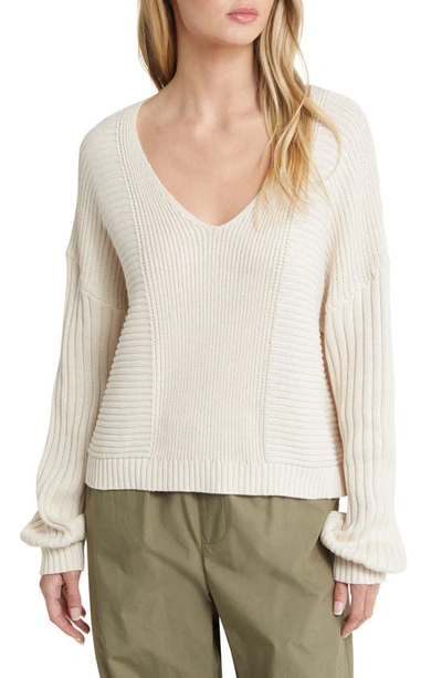 Pacsun Feel The Breeze Mix Stitch Cotton V-neck Sweater In White Sand