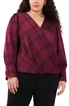 Halogen Check Print Faux Wrap Top In Grape Wine