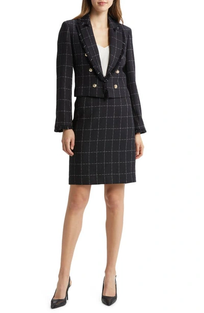 Tahari Asl Plaid Fringe Jacket & Skirt In Black/ Ivory