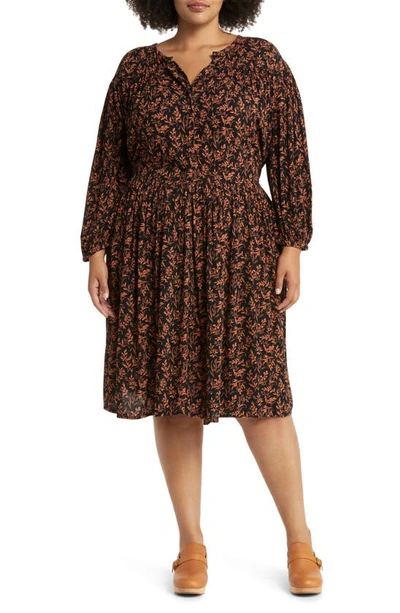 Caslon Leaf Print Long Sleeve Dress In Black- Rust Leaf Willow Floral