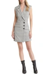 Open Edit Plaid Side Button Blazer Dress In Black- Blue Poly Check