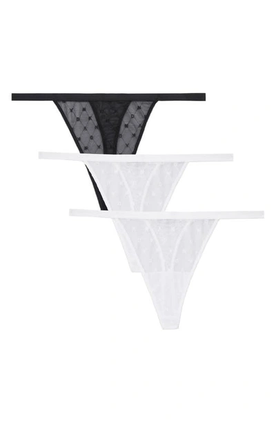 Dkny Assorted 3-pack Monogram Mesh Thong In Black/ White/ White