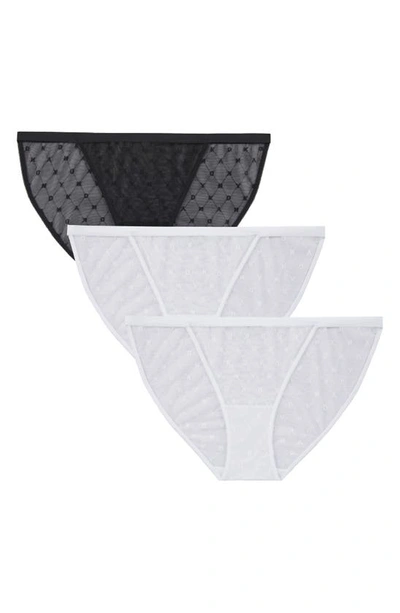 Dkny Assorted 3-pack Monogram Mesh Bikini In Black/ White/ White