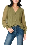 Gibsonlook Pin Dot Smocked Detail V-neck Blouse In Light Green