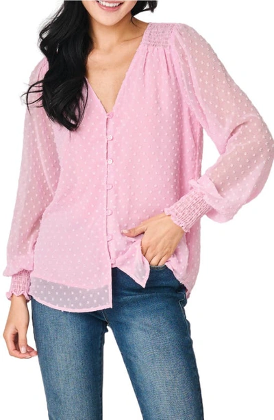 Gibsonlook Pin Dot Smocked Detail V-neck Blouse In Pink Powder