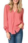 Gibsonlook Pin Dot Smocked Detail V-neck Blouse In Rose Dark