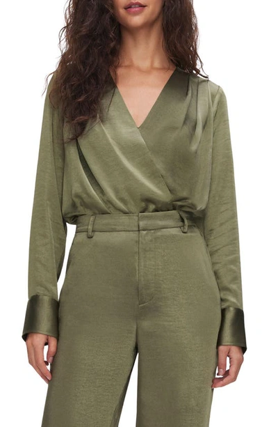 Good American Long Sleeve Washed Satin Wrap Front Bodysuit In Juniper  Green001 ModeSens