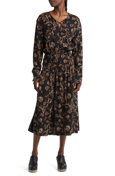 Treasure & Bond Lace-up Front Long Sleeve Midi Dress In Black Cascade Blooms