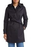 Sam Edelman Water Repellent Cotton Blend Gabardine Hooded Trench Coat In Navy