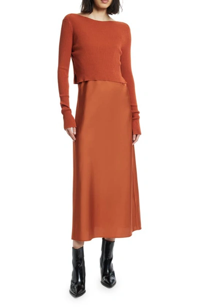 Allsaints Hera Satin Slipdress With Rib Sweater In Rosewood Red