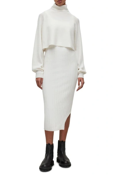 Allsaints Margot Rib Dress With Turtleneck Sweater In Chalk White