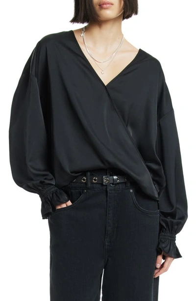 Allsaints Penny Long Sleeve High-low Satin Top In Black