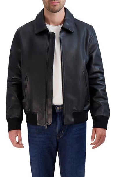 Cole Haan Leather Bomber Jacket In Black