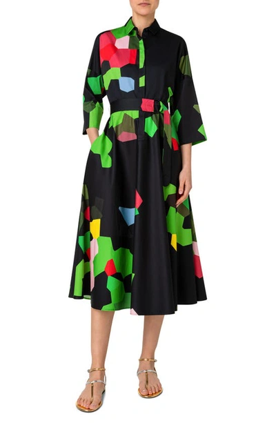 Akris Punto Kaleidoscope-print D-ring Belted Midi Dress In Black Multi