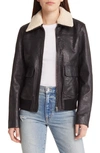 TREASURE & BOND TREASURE & BOND LEATHER BOMBER JACKET WITH REMOVABLE FAUX SHEARLING TRIM