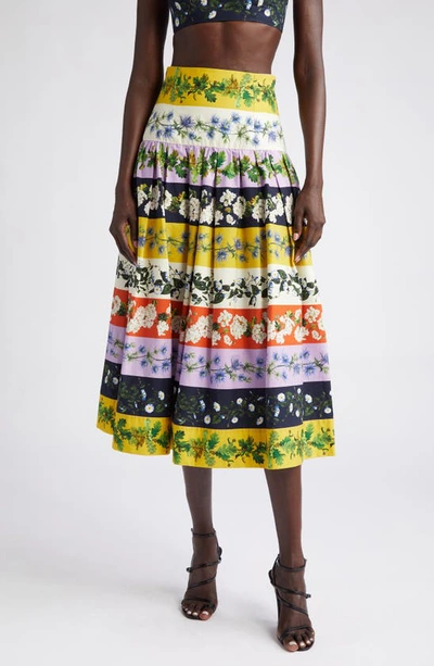 Oscar De La Renta Botanical Stripe Cotton Poplin Skirt In Ginger Multi