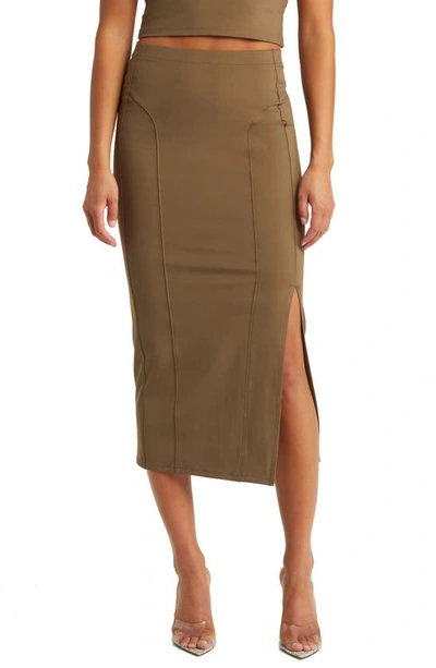 Open Edit High Waist Midi Skirt In Brown Teak