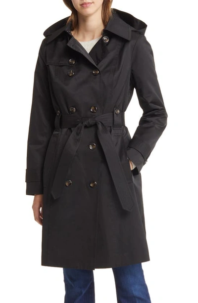 London Fog Belted Water Repellent Trench Coat With Removable Hood In Black