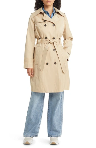 London Fog Belted Water Repellent Trench Coat With Removable Hood In Stone