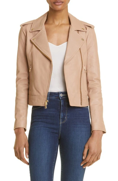 L Agence Leather Biker Jacket In Cappuccino