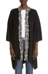 St John Fringe Detail Wool Blend Cape In Ecru/ Black