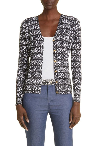 St John Tweed Print V-neck Jersey Cardigan In Ecru/ Black